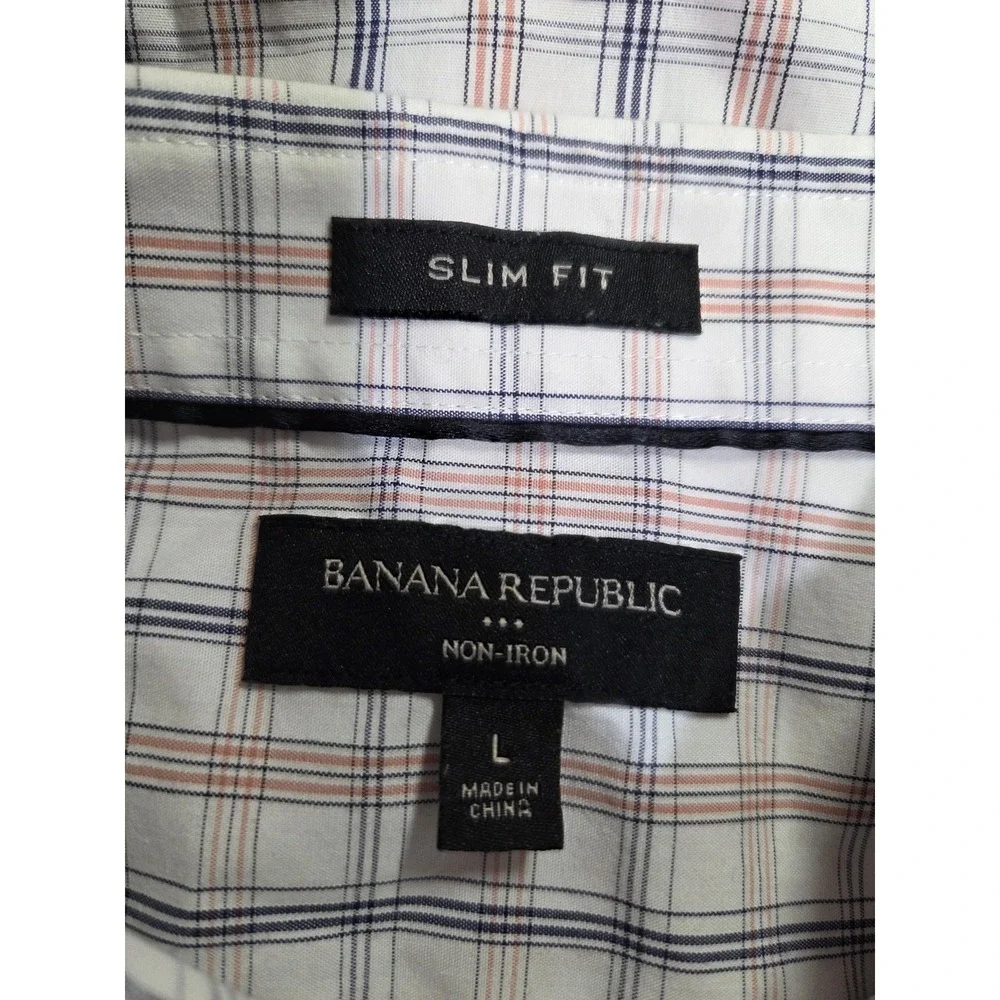 Banana Republic Shirt Mens Large White Blue Plaid Non-Iron Slim Fit Button Dress
